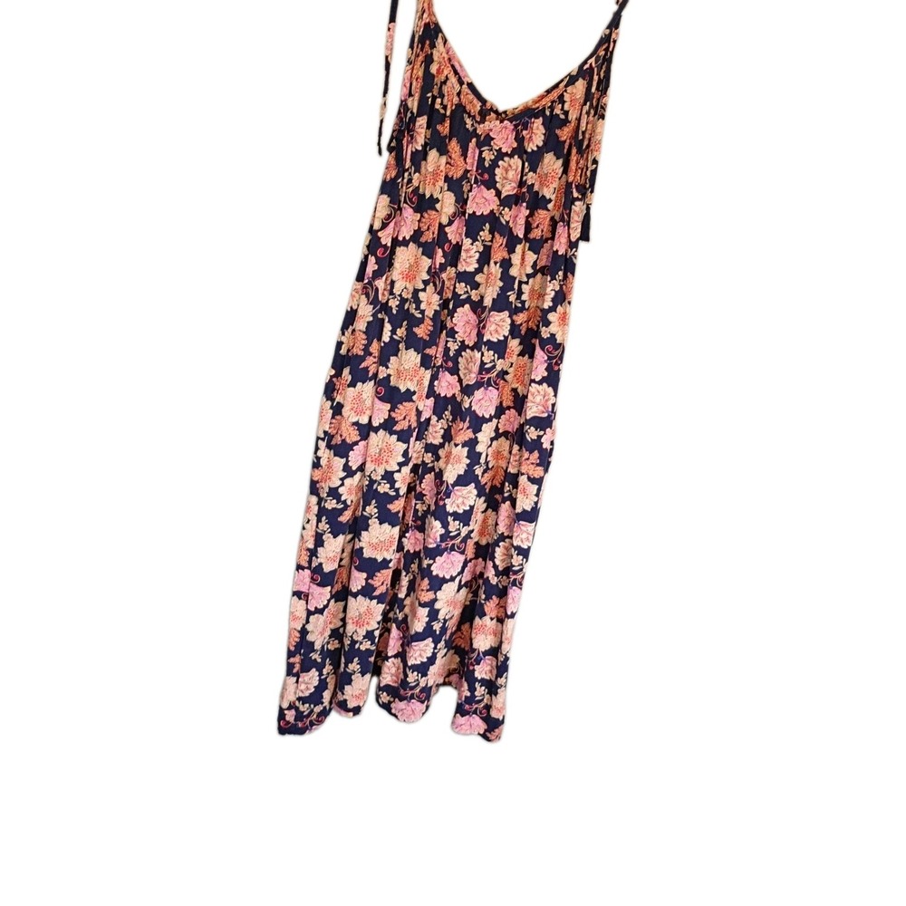 Old Navy Womens Sz L Tasseled Tie Shoulder Swing Maxi Dress Navy Blue Floral
